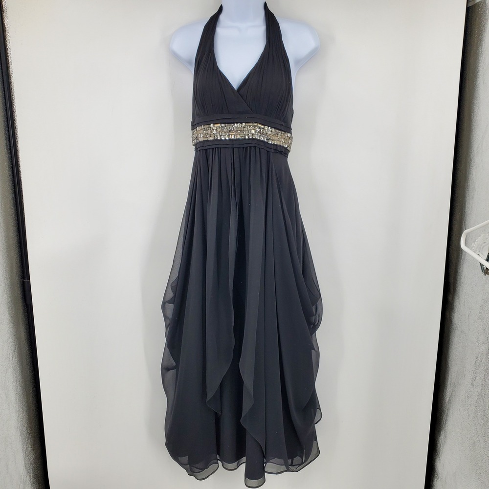 Aidan Mattox Black Halter Gown Crystal Embellished Handkerchief Hem Dress 4 Gala